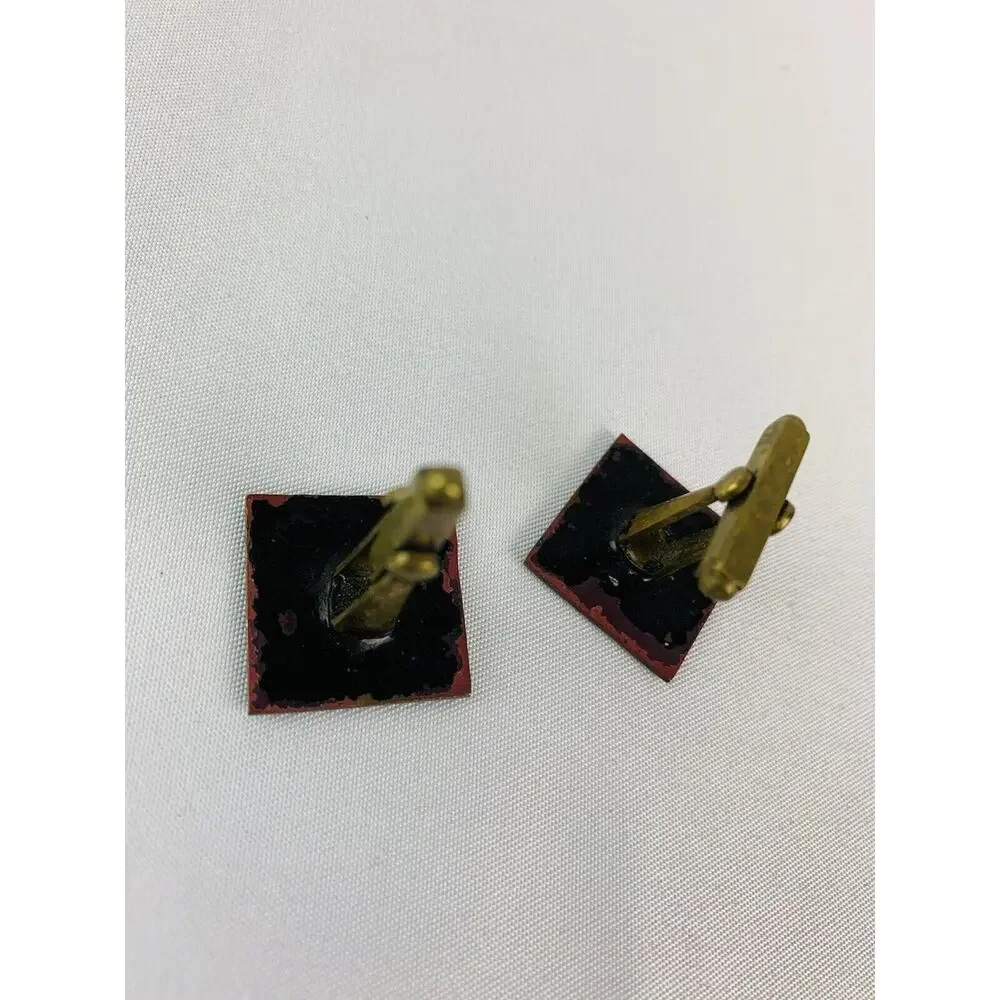 Vintage Men's Enameled Goldtone and Black Square Cufflinks Artsy Retro Toggle
